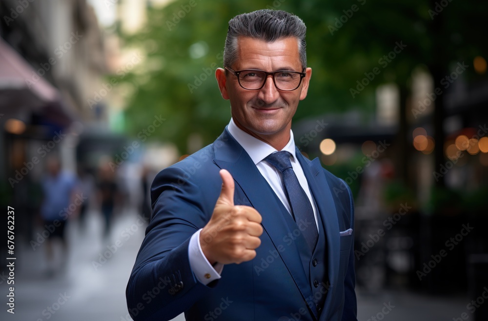 Businessman in business suit satisfied with thumbs-up gesture. Businessman in business suit satisfied with thumbs-up gesture.