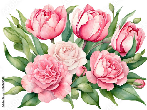 Watercolor pink Tulips with green leaves, white carnations, pink roses. A bunch of beautiful flower petal. Floral for decoration for valentine or wedding. 