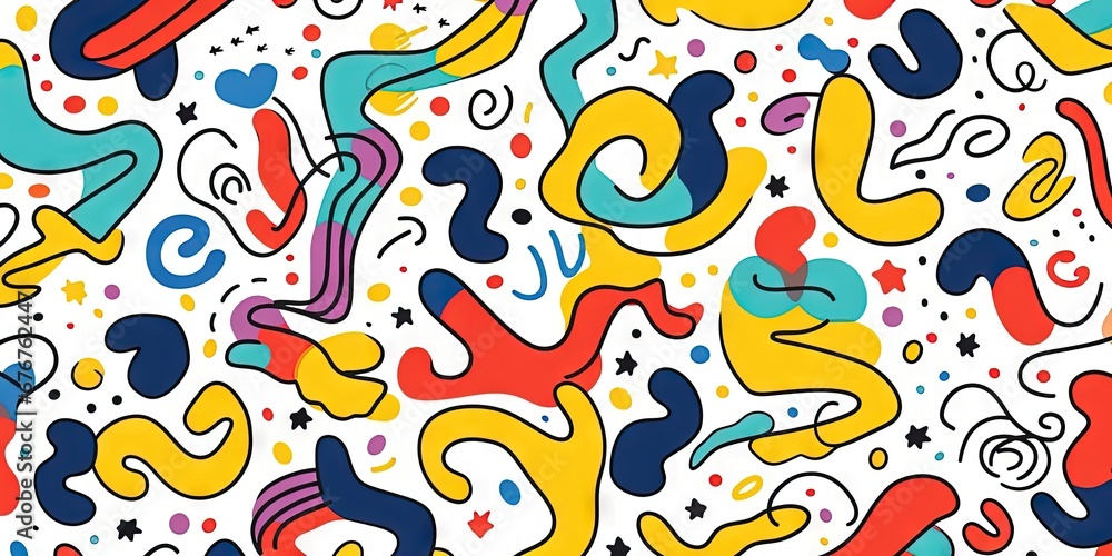 Obraz premium Fun and cute abstract minimalist doodle with lines and geometric shapes. Trendy colorful simple background, wallpaper design for kids. Generative AI, AI