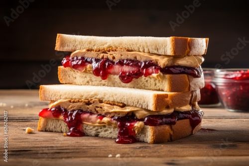 Peanut Butter and Jelly Sandwich Close Up, Halves, On Table