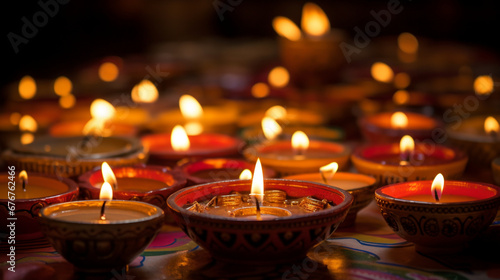 A Happy Diwali Indian festival background featuring an array of candles and diya