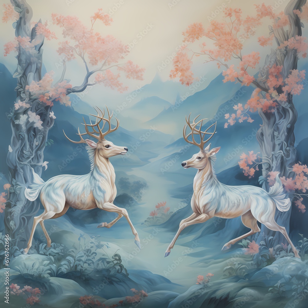 Chinese lucky animal Chinoiseries wallpaper in fantasy dreamland super detailed painting style - obrazy, fototapety, plakaty 