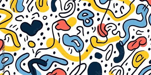 Cute and fun abstract minimalist doodle with lines and geometric shapes. Trendy colorful simple background, wallpaper design for kids. Generative AI, AI © MiniMaxi