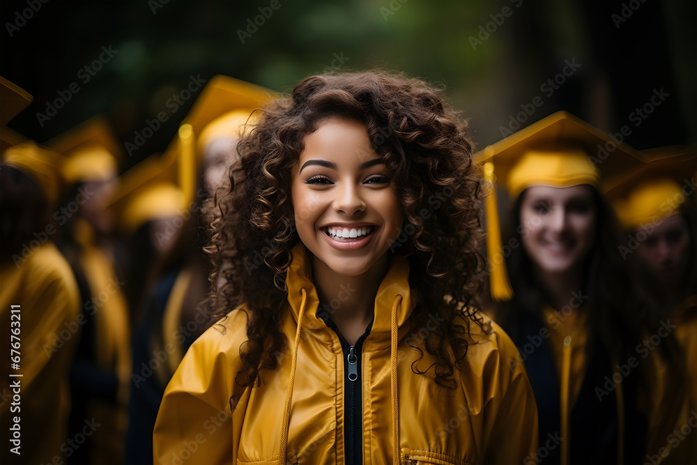 Portrait of a beautiful young African American girl at graduation wearing a yellow raincoat. ia generative Portrait of a beautiful young African American girl at graduation wearing a yellow raincoat. ia generative