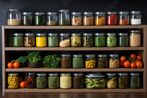 Jars with different kinds of vegetables and spices on a wooden shelf. ia generated