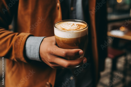Man holding a cup of latte art coffee in the cafe. Generative AI