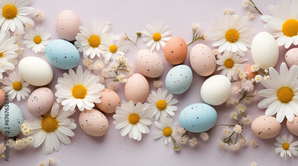 creative easter layout. horizontal pattern made with spring flowers and eggs on a pastel  background. copy space. top view. flat lay