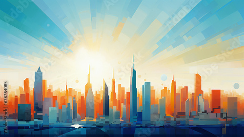 City skyline in the style of watercolor  on a white background