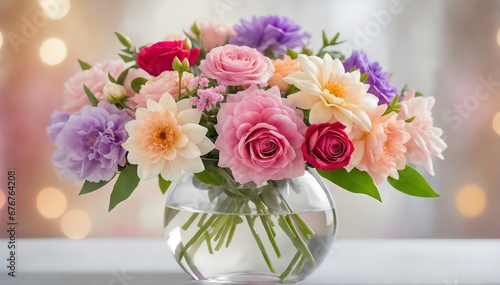 Wallpaper Mural A photograph of a vibrant bouquet of flowers in a glass vase, showcasing their delicate petals, rich colors, and variety of shapes against a soft, dreamy backdrop of pastel hues. Torontodigital.ca