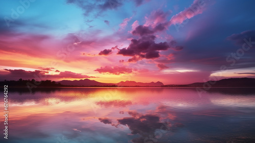 sunset over a serene lake  with colorful reflections shimmering on the water