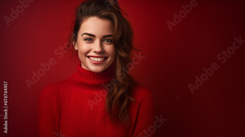 Smiling Young Woman in Red Sweater on Red Backdrop