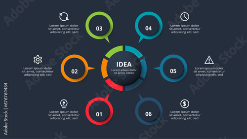 Creative infographic with 6 elements, presentations, vector illustration. Template for web on a black background.