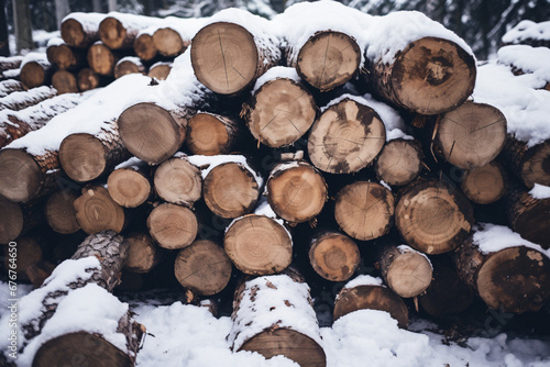 A Closeup View of a Snow-Covered Pile of Log Trunks  Signaling the Onset of the Winter Heating Season  Where Firewood Awaits to Warm the Hearth and Hearts