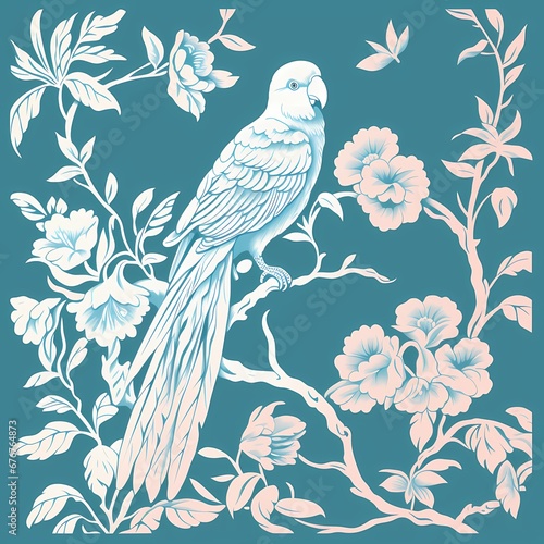 Chinoiseries style wallpaper with flower and bird in light background © Wipada