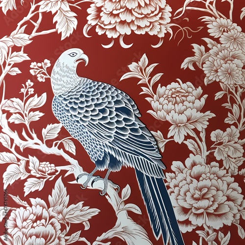Chinoiseries style wallpaper with flower and bird in red background