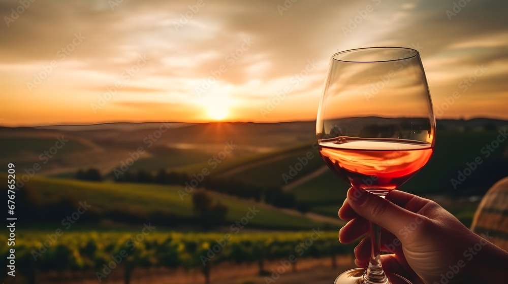 Hand holding glass of red wine during sunset