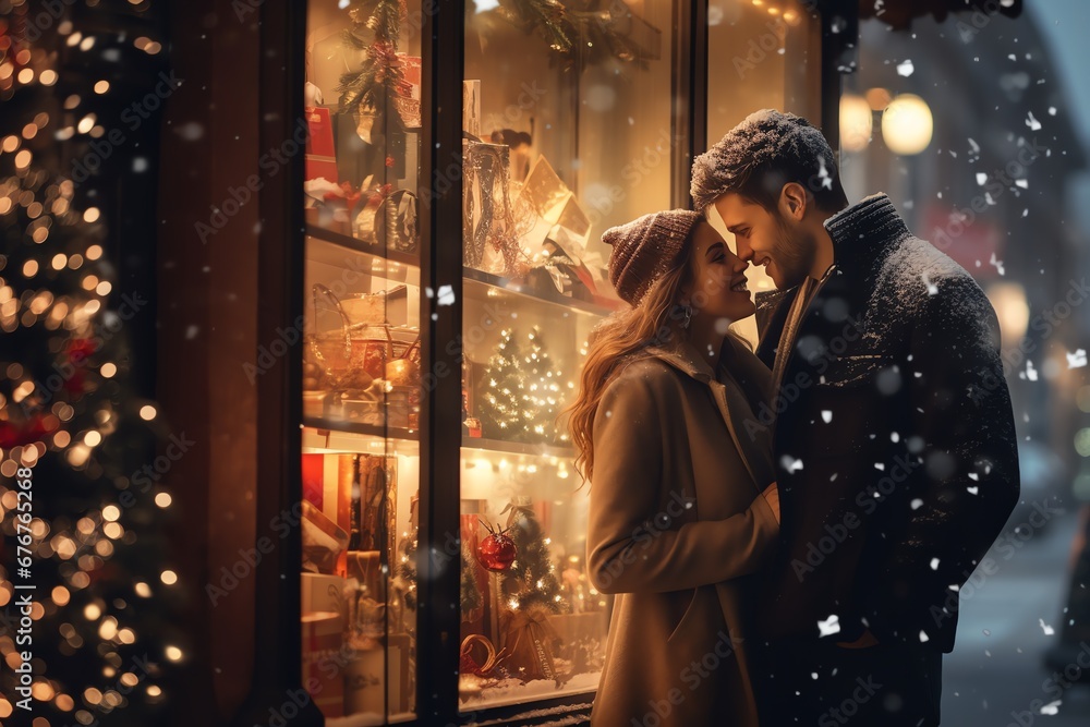 Young, happy international couple in love on street in winter at a shop window with a Christmas tree on Christmas Eve near the garlands with warm light from the window in the snowfall. generation ai