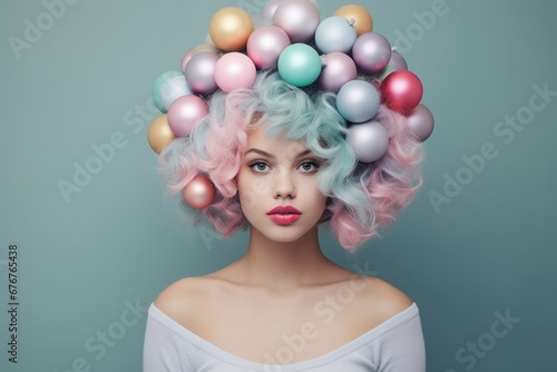 Creative Christmas portrait of a cute girl with colorful hair and with Christmas balls on her head.