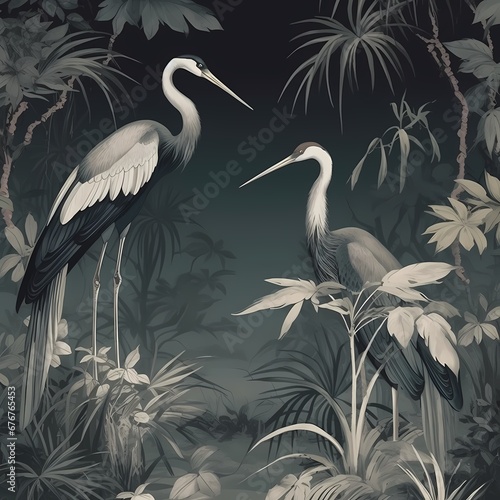 Chinoiseries style wallpaper with forest and crane in dark color theme © Wipada