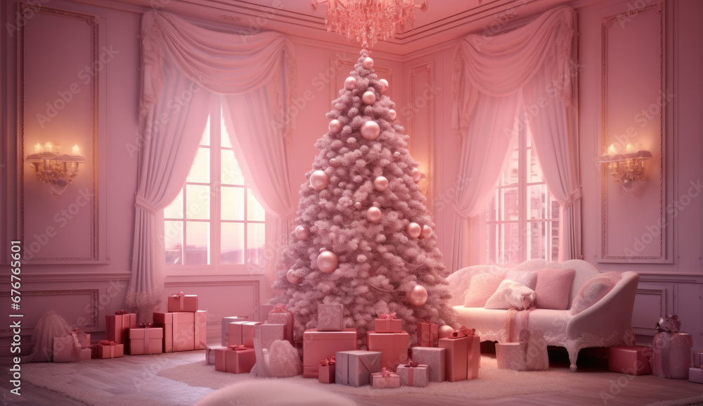 Christmas tree and gifts. Christmas interior in pink. Large room with