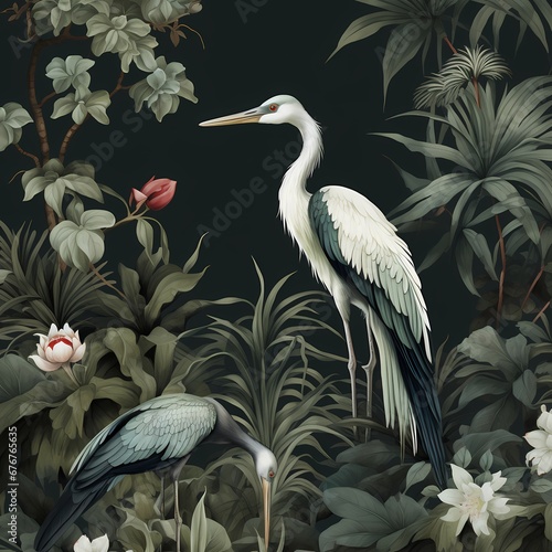 Chinoiseries style wallpaper with flower and bird in dark color theme © Wipada