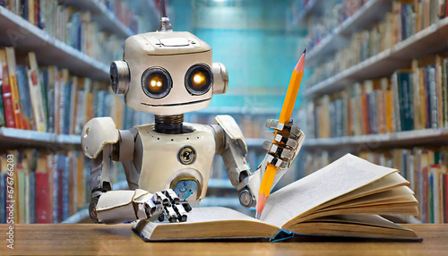 robot with pencil and books in library