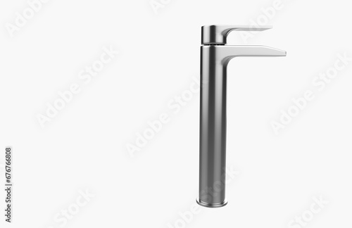 Faucet model isolated on light background, single faucet, stainless steel texture, home industry accessories, 3d rendering.