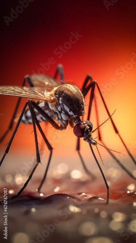 A close-up of a mosquito. An insect with wings and antennae on its head.  Red  background. © Dragan