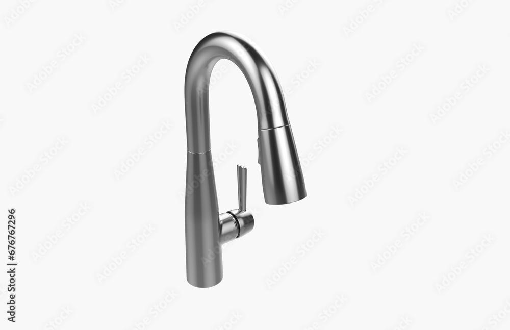 Faucet model isolated on light background, single faucet, stainless steel texture, home industry accessories, 3d rendering. Faucet model isolated on light background, single faucet, stainless steel texture, home industry accessories, 3d rendering.