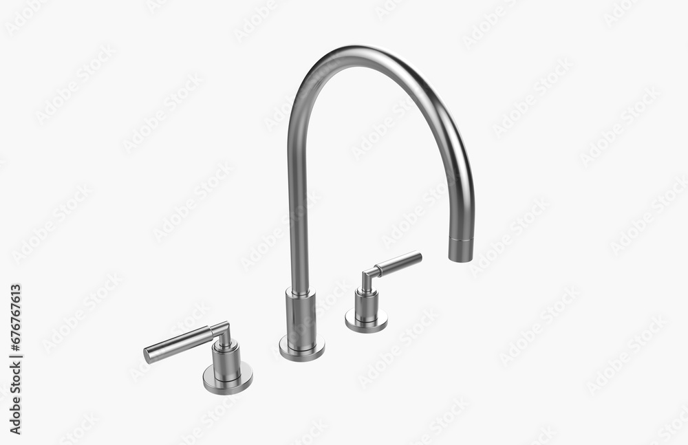 Faucet model isolated on light background, single faucet, stainless steel texture, home industry accessories, 3d rendering. Faucet model isolated on light background, single faucet, stainless steel texture, home industry accessories, 3d rendering.