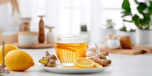 Hot tea drink in a glass cup with lemon and ginger root, on table with blurry background