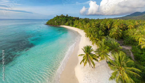 aerial top view on sand beach tropical beach with white sand turquoise sea palm trees under sunlight drone view luxury travel destination scenic vacation landscape amazing nature paradise island