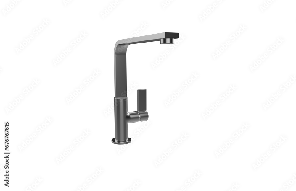 Faucet model isolated on light background, single faucet, stainless steel texture, home industry accessories, 3d rendering.