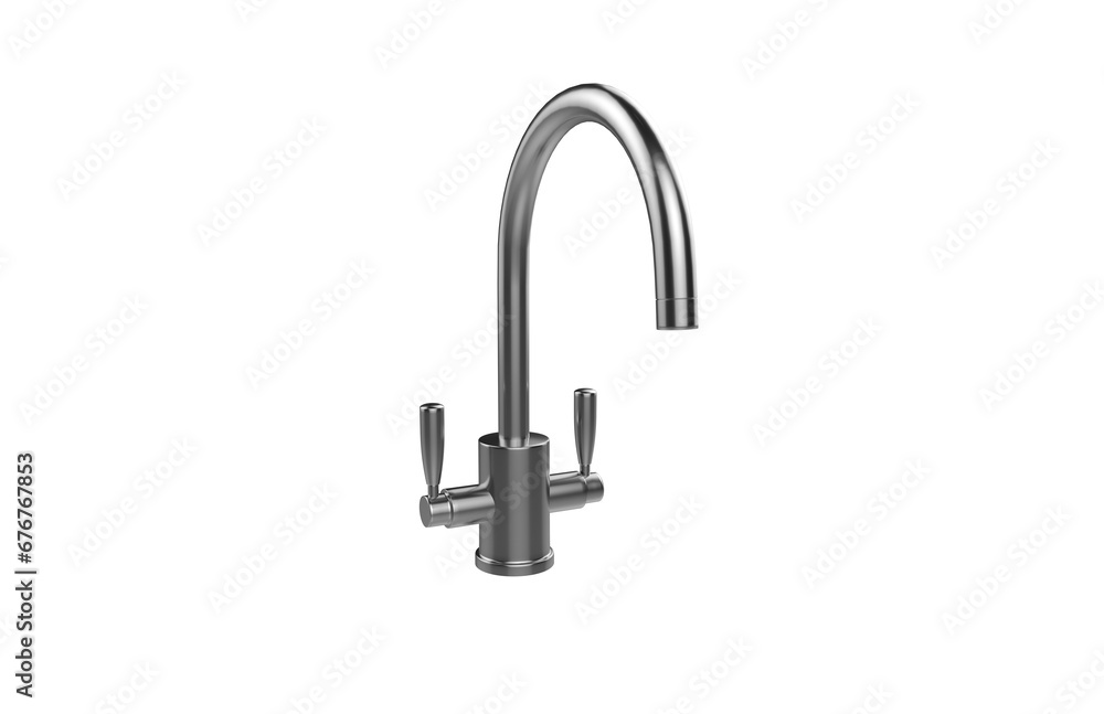 Faucet model isolated on light background, single faucet, stainless steel texture, home industry accessories, 3d rendering. Faucet model isolated on light background, single faucet, stainless steel texture, home industry accessories, 3d rendering.