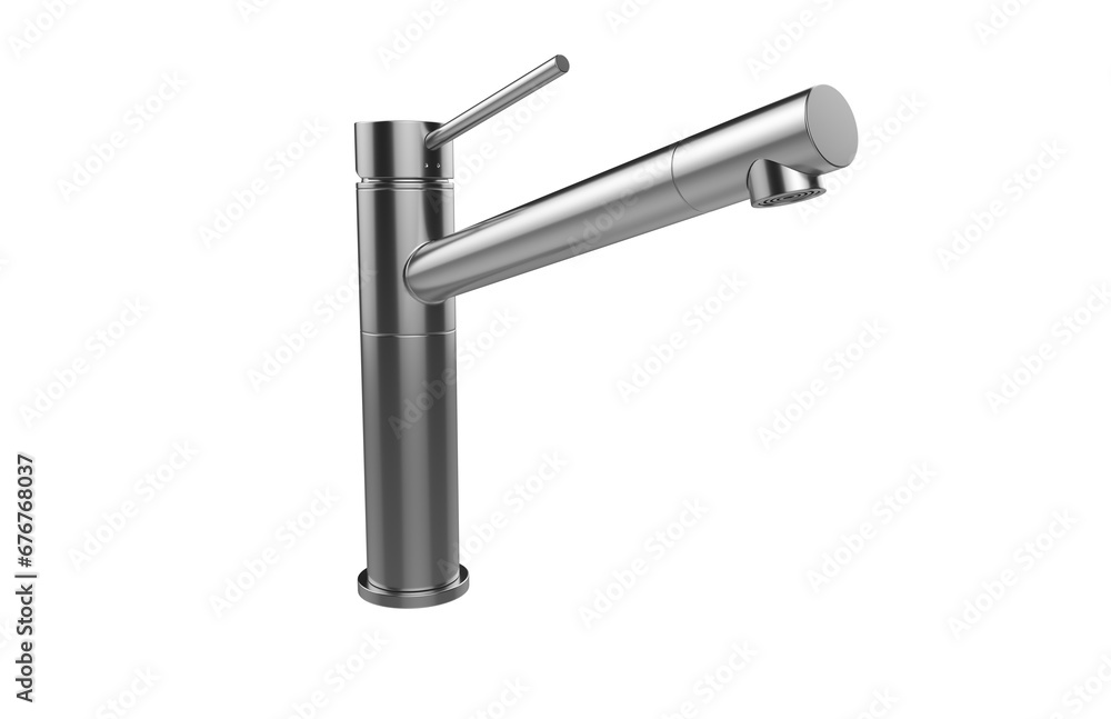 Faucet model isolated on light background, single faucet, stainless steel texture, home industry accessories, 3d rendering. Faucet model isolated on light background, single faucet, stainless steel texture, home industry accessories, 3d rendering.