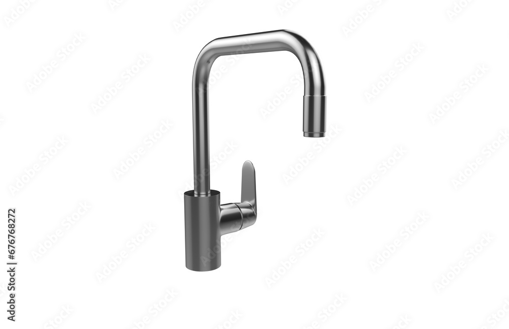 Faucet model isolated on light background, single faucet, stainless steel texture, home industry accessories, 3d rendering. Faucet model isolated on light background, single faucet, stainless steel texture, home industry accessories, 3d rendering.