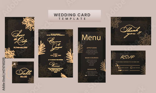 Wedding Card Suite Template Layout Decorated With Floral In Black and Golden Color.