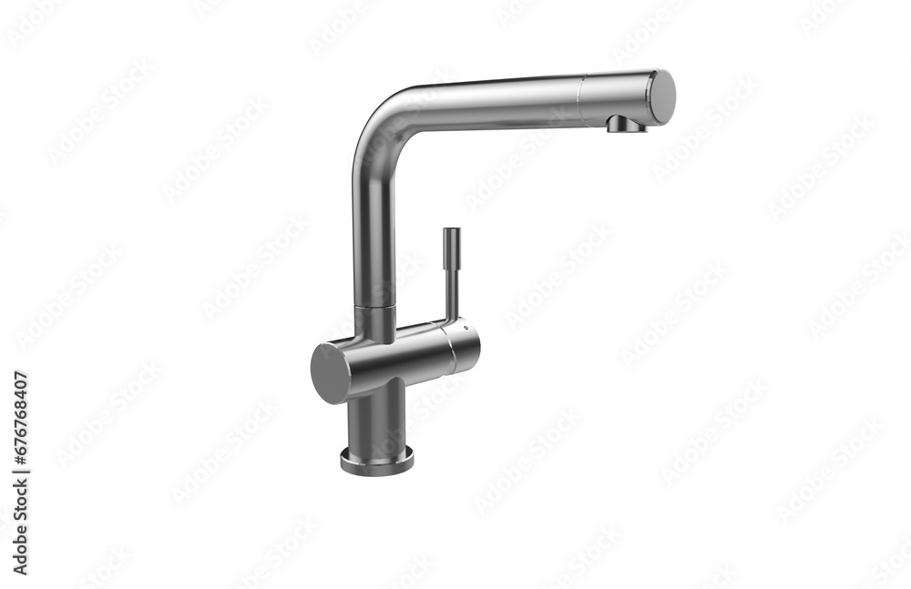 Faucet model isolated on light background, single faucet, stainless steel texture, home industry accessories, 3d rendering.