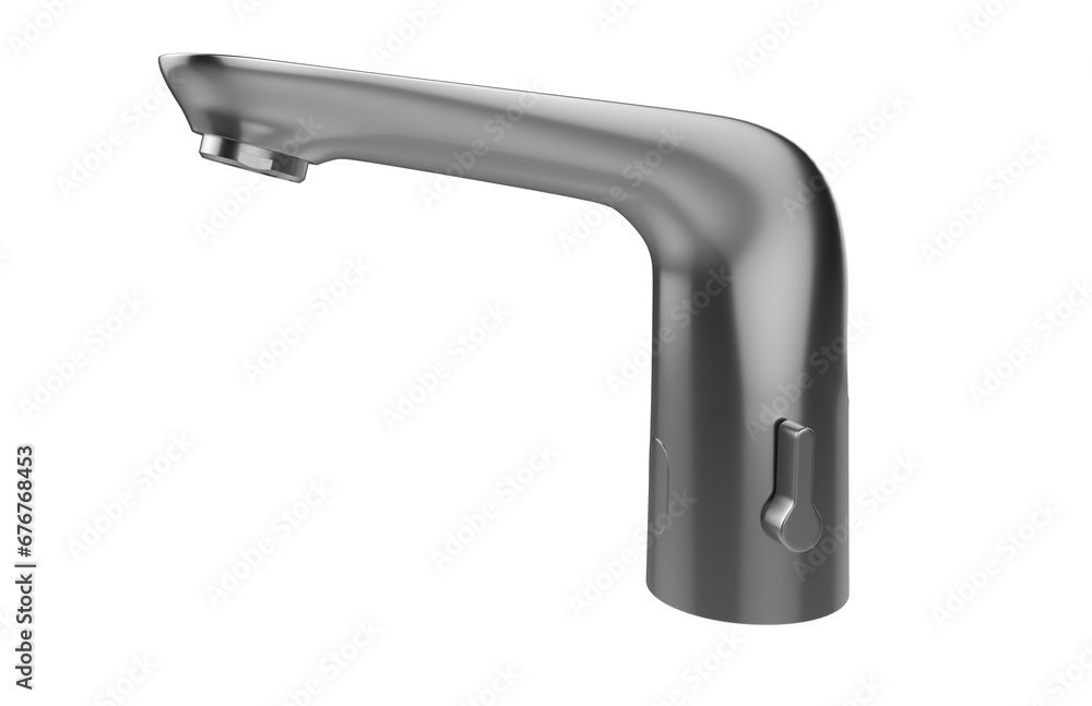 Faucet model isolated on light background, single faucet, stainless steel texture, home industry accessories, 3d rendering. Faucet model isolated on light background, single faucet, stainless steel texture, home industry accessories, 3d rendering.