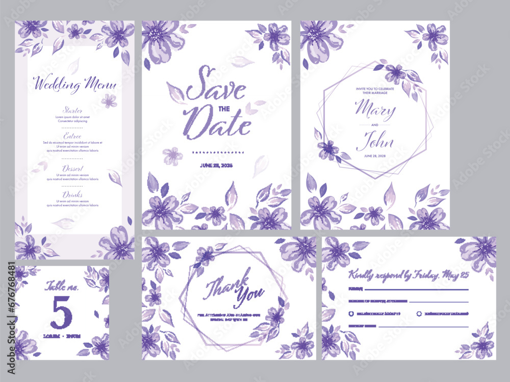 Wedding Invitation, Menu, Save The Date, Table Number, Kindly Reply or RSVP and Thank You Card Decorated Purple Flowers.