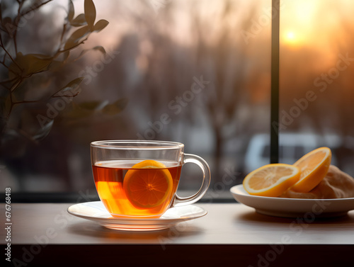 Hot tea drink in a glass cup with lemon slice on table, blurry window background