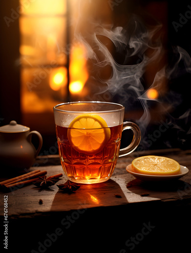 Hot tea drink in a glass cup with lemon slice on table, blurred dark background with lights