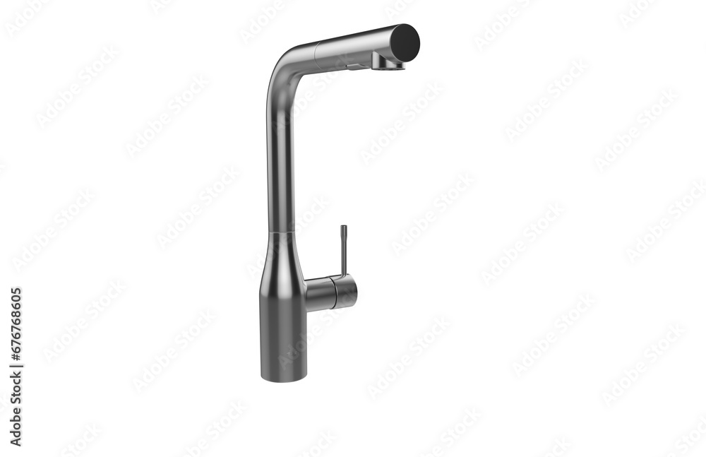 Faucet model isolated on light background, single faucet, stainless steel texture, home industry accessories, 3d rendering. Faucet model isolated on light background, single faucet, stainless steel texture, home industry accessories, 3d rendering.