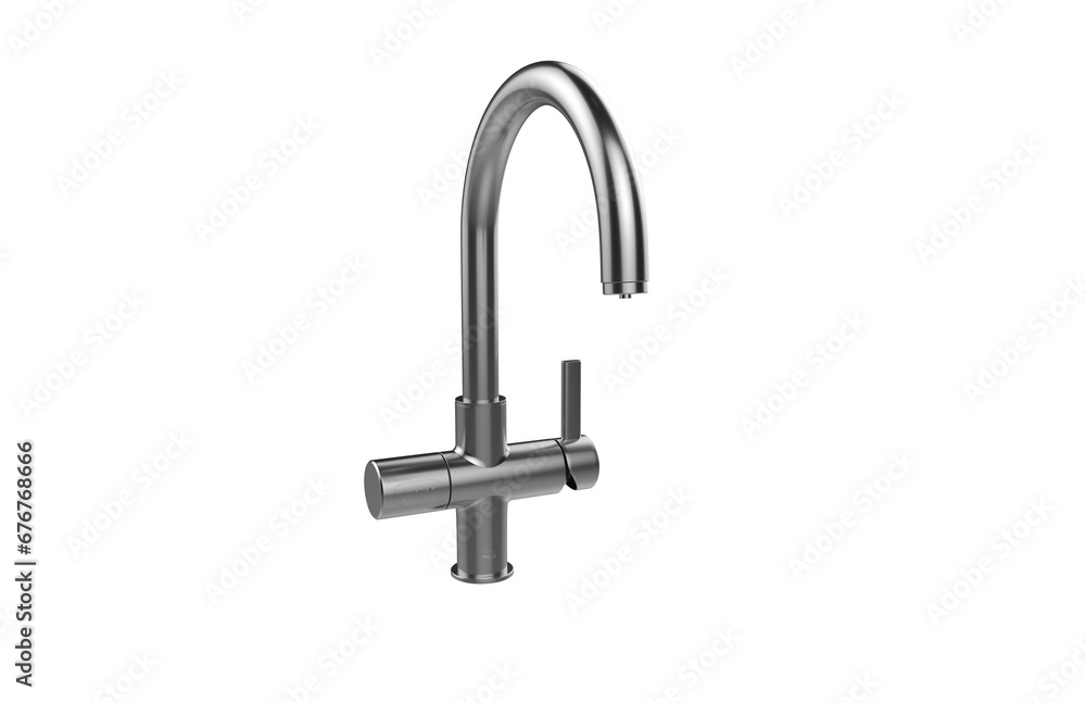 Faucet model isolated on light background, single faucet, stainless steel texture, home industry accessories, 3d rendering. Faucet model isolated on light background, single faucet, stainless steel texture, home industry accessories, 3d rendering.