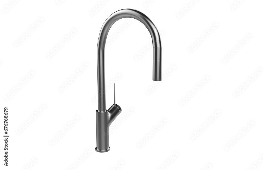 Faucet model isolated on light background, single faucet, stainless steel texture, home industry accessories, 3d rendering. Faucet model isolated on light background, single faucet, stainless steel texture, home industry accessories, 3d rendering.
