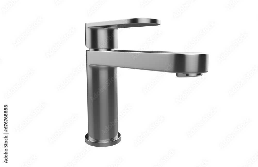 Faucet model isolated on light background, single faucet, stainless steel texture, home industry accessories, 3d rendering. Faucet model isolated on light background, single faucet, stainless steel texture, home industry accessories, 3d rendering.