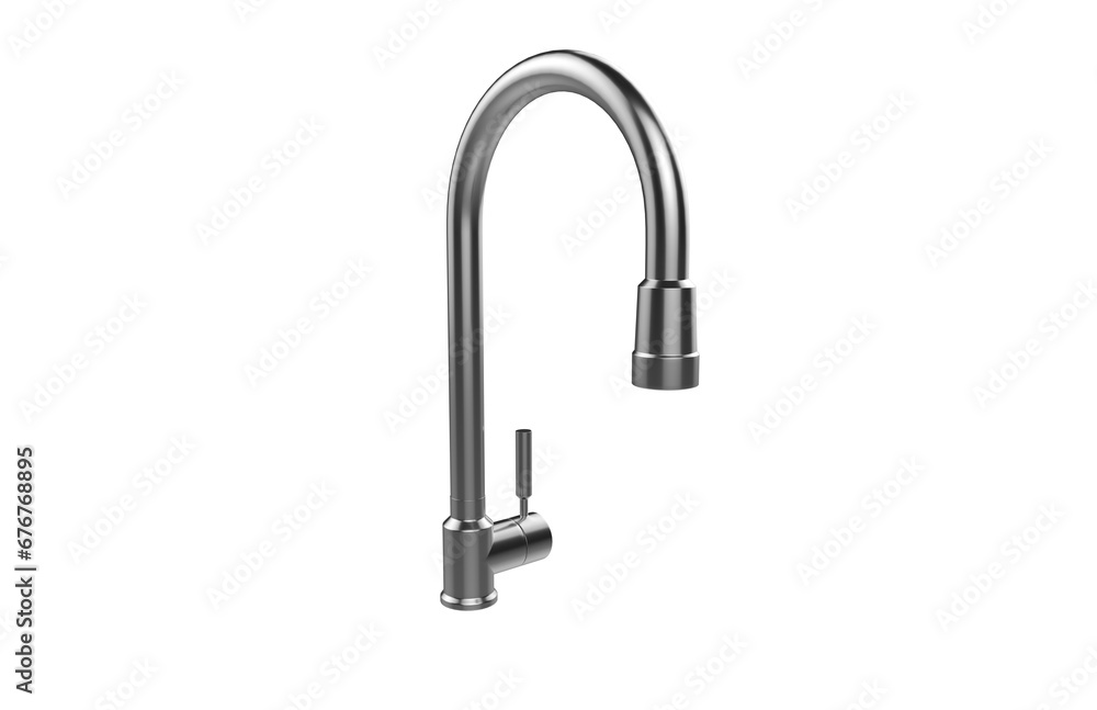 Faucet model isolated on light background, single faucet, stainless steel texture, home industry accessories, 3d rendering.