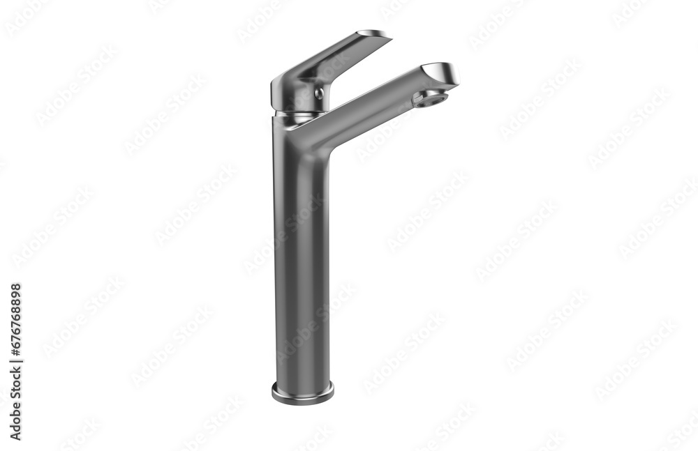 Faucet model isolated on light background, single faucet, stainless steel texture, home industry accessories, 3d rendering. Faucet model isolated on light background, single faucet, stainless steel texture, home industry accessories, 3d rendering.