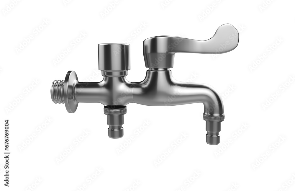 Faucet model isolated on light background, single faucet, stainless steel texture, home industry accessories, 3d rendering.