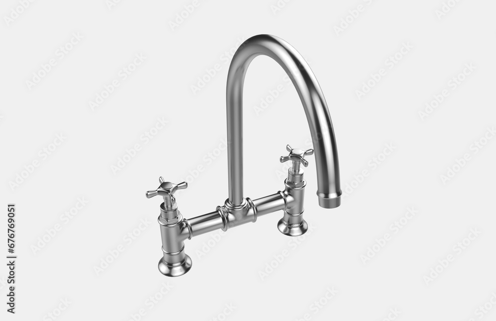 Faucet model isolated on light background, single faucet, stainless steel texture, home industry accessories, 3d rendering. Faucet model isolated on light background, single faucet, stainless steel texture, home industry accessories, 3d rendering.